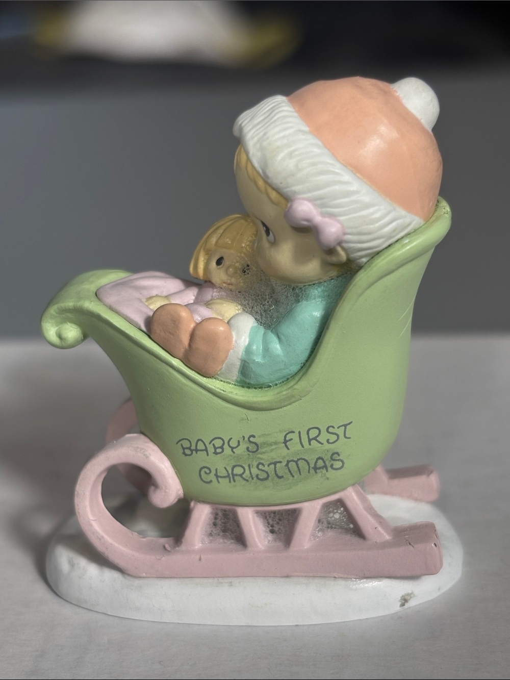 1990 Precious Moments Baby’s First Christmas Sleigh Enesco 2.75”